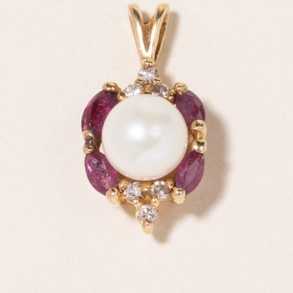 10K Yellow Gold Pearl, Red Spinel & Diamond Pendant | 6.57mm, 0.28ctw, 0.09ctw | Online Hot Sale