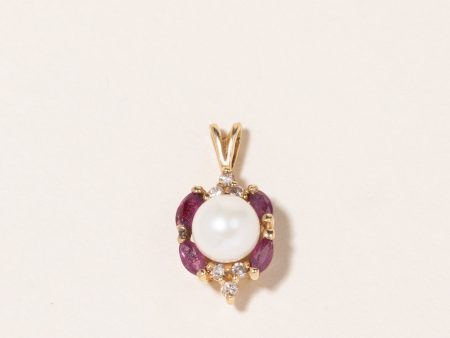 10K Yellow Gold Pearl, Red Spinel & Diamond Pendant | 6.57mm, 0.28ctw, 0.09ctw | Online Hot Sale