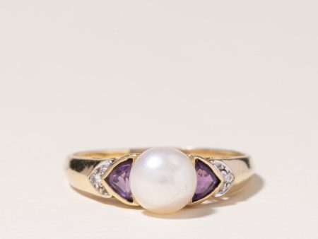 10K Yellow Gold Pearl & Amethyst Ring | 7mm, 0.44ctw, 0.01ctw | SZ 8.25 | Fashion