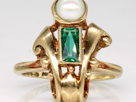 Vintage Pearl & Green Glass Cocktail Ring | 0.20ct | SZ 5.5 | Discount