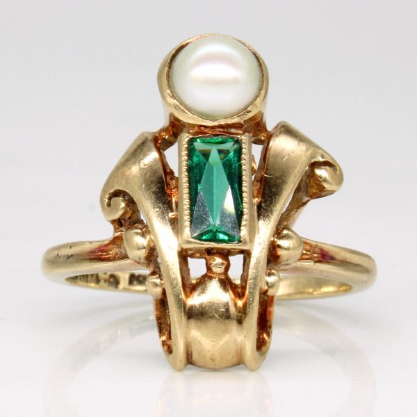 Vintage Pearl & Green Glass Cocktail Ring | 0.20ct | SZ 5.5 | Discount