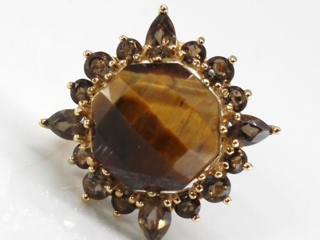 Tigers Eye & Smokey Quartz Cocktail Ring | 7.50ct | 1.00ctw | SZ 5.5 | Hot on Sale