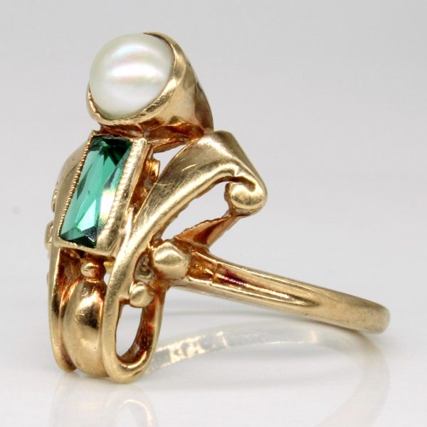 Vintage Pearl & Green Glass Cocktail Ring | 0.20ct | SZ 5.5 | Discount