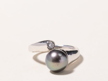 14k White Gold Black Pearl and Diamond Ring | 9.20mm, 0.15ct | SZ 6.25 For Sale